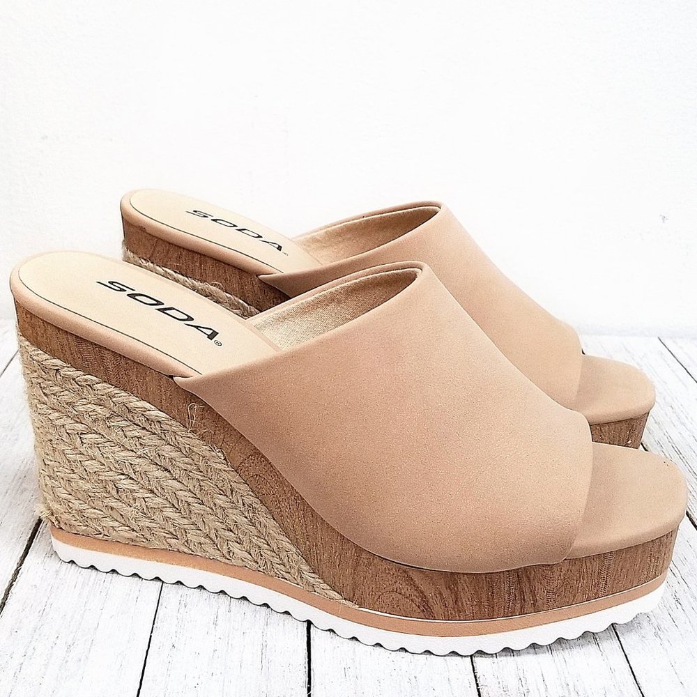New Nude Espadrille Platform Wedge Slide Sandals